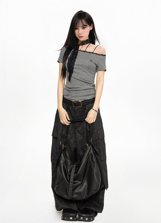 Asymmetric Cold-Shoulder Top with Lace Detail