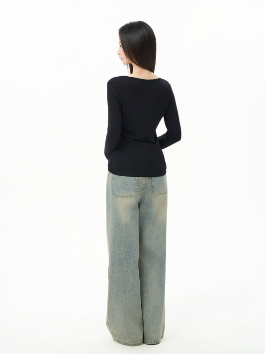 Fitted Long Sleeve Henley Top with Snap Button Placket