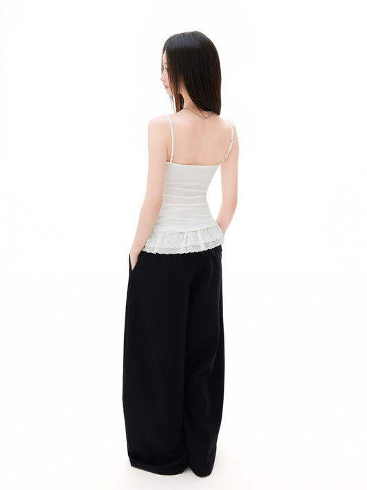 Fitted Lace Trim Tank Top with Eyelet Frill Hem