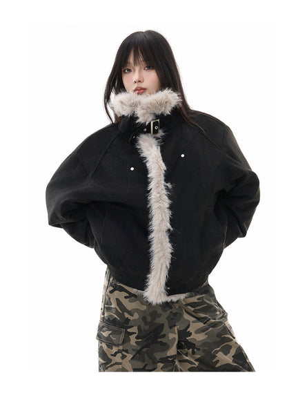 Oversized Bomber with Faux Fur Collar and Placket Trim