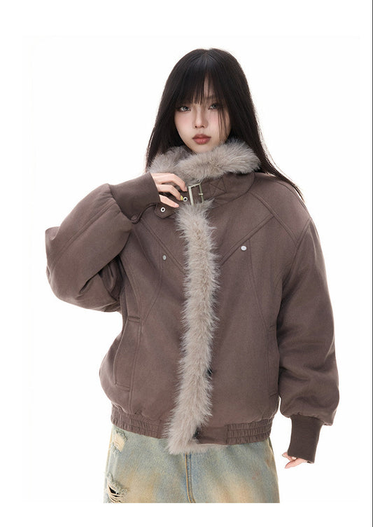 Oversized Bomber with Faux Fur Collar and Placket Trim