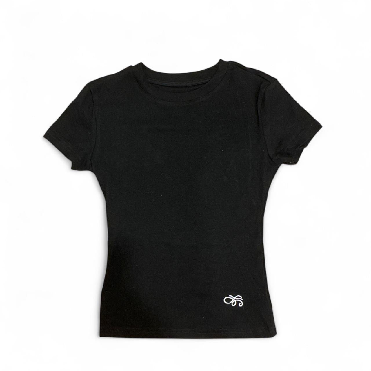 Fitted Ribbed Crew Neck Crop Tee with Embroidered Hem Detail