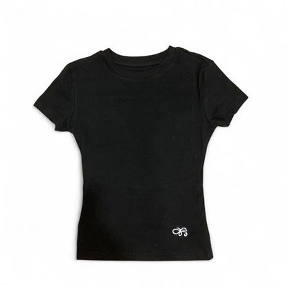 Fitted Ribbed Crew Neck Crop Tee with Embroidered Hem Detail