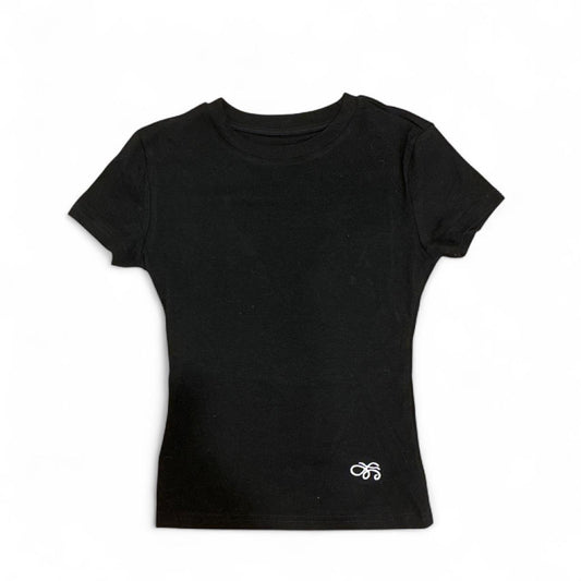 Fitted Ribbed Crew Neck Crop Tee with Embroidered Hem Detail