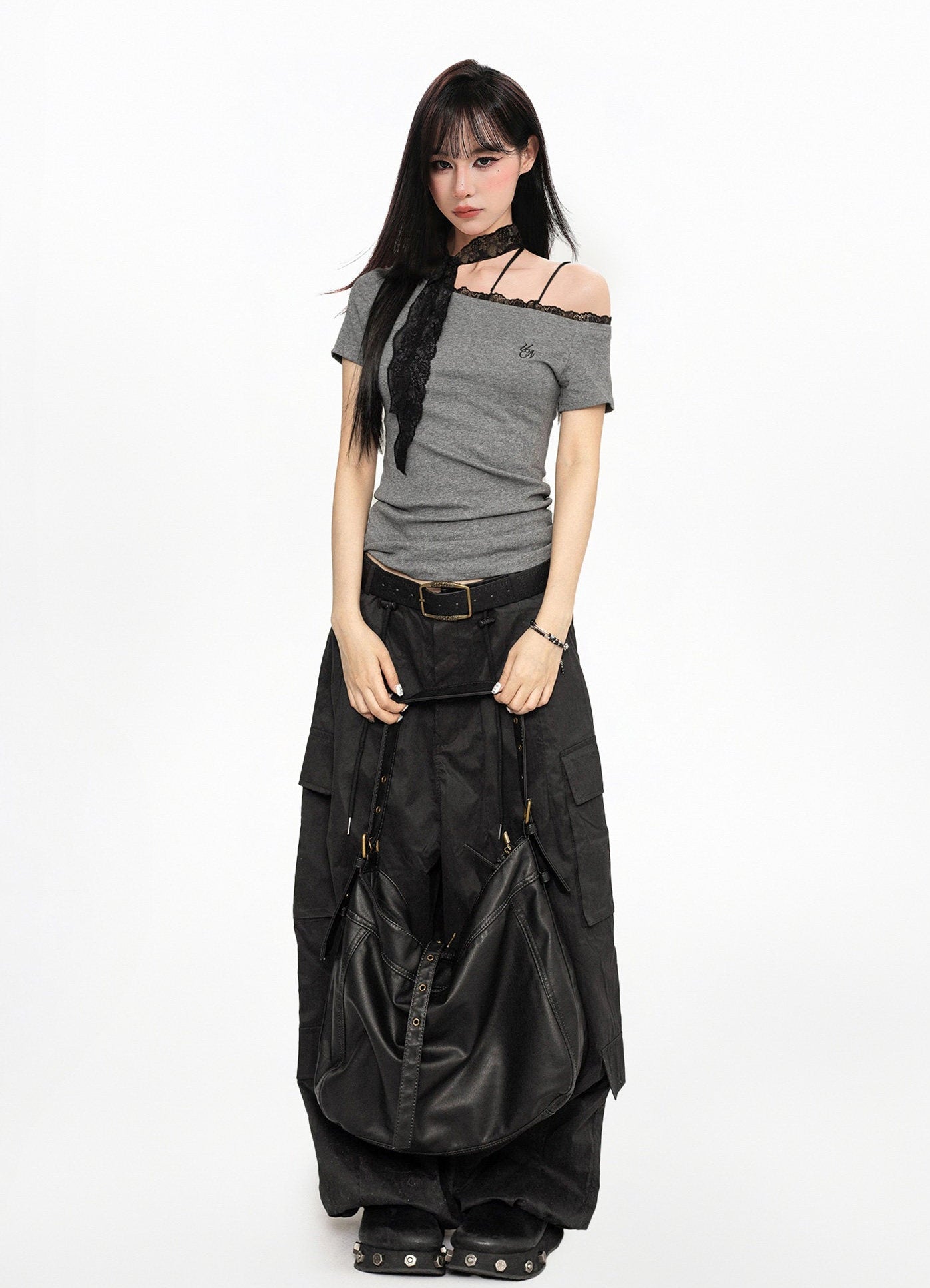 Asymmetric Cold-Shoulder Top with Lace Detail