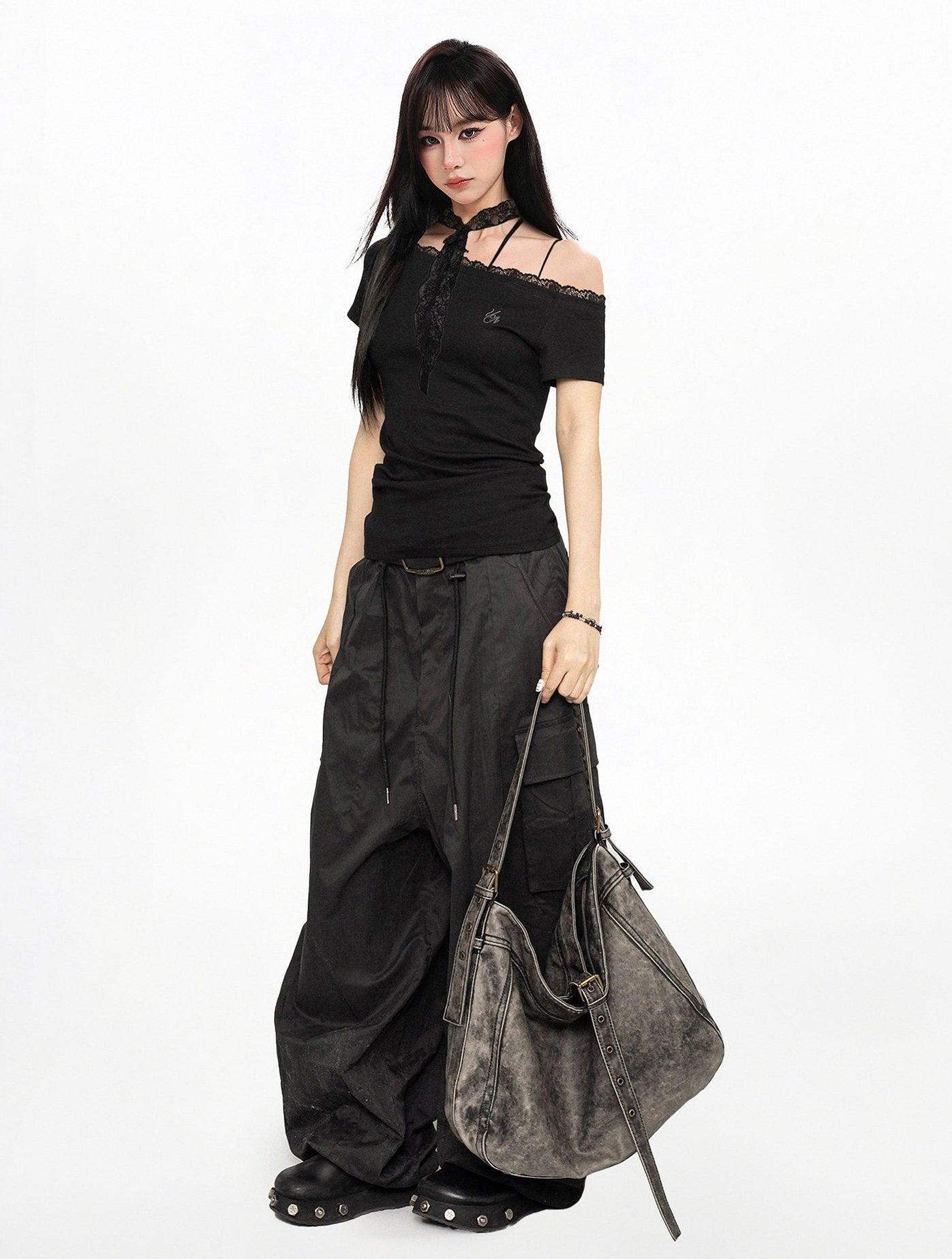 Asymmetric Cold-Shoulder Top with Lace Detail