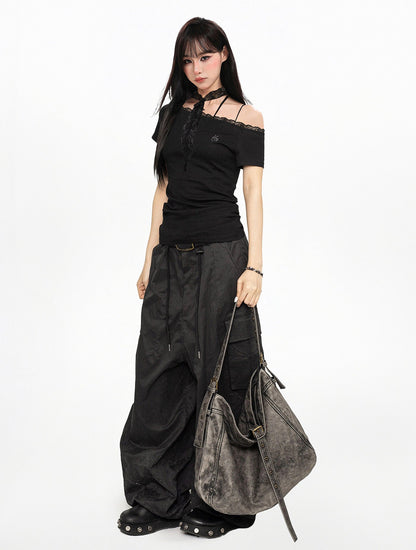 Asymmetric Cold-Shoulder Top with Lace Detail