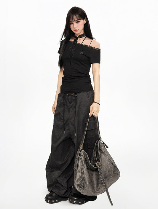 Asymmetric Cold-Shoulder Top with Lace Detail