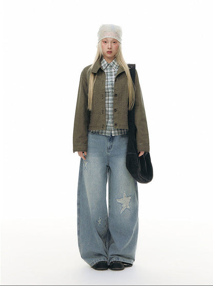 Wide Leg Jeans with Distressed Star Appliqué