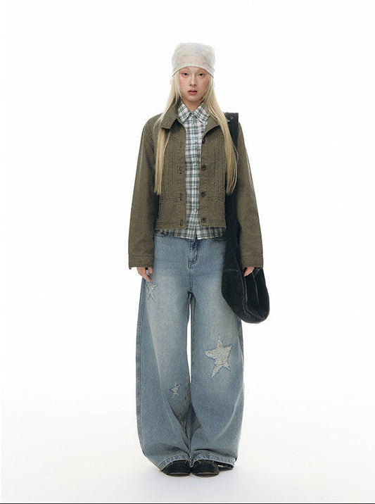 Wide Leg Jeans with Distressed Star Appliqué