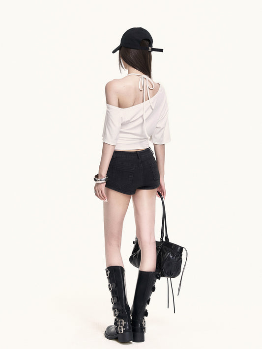 Asymmetrical Off Shoulder Top with Script Graphic