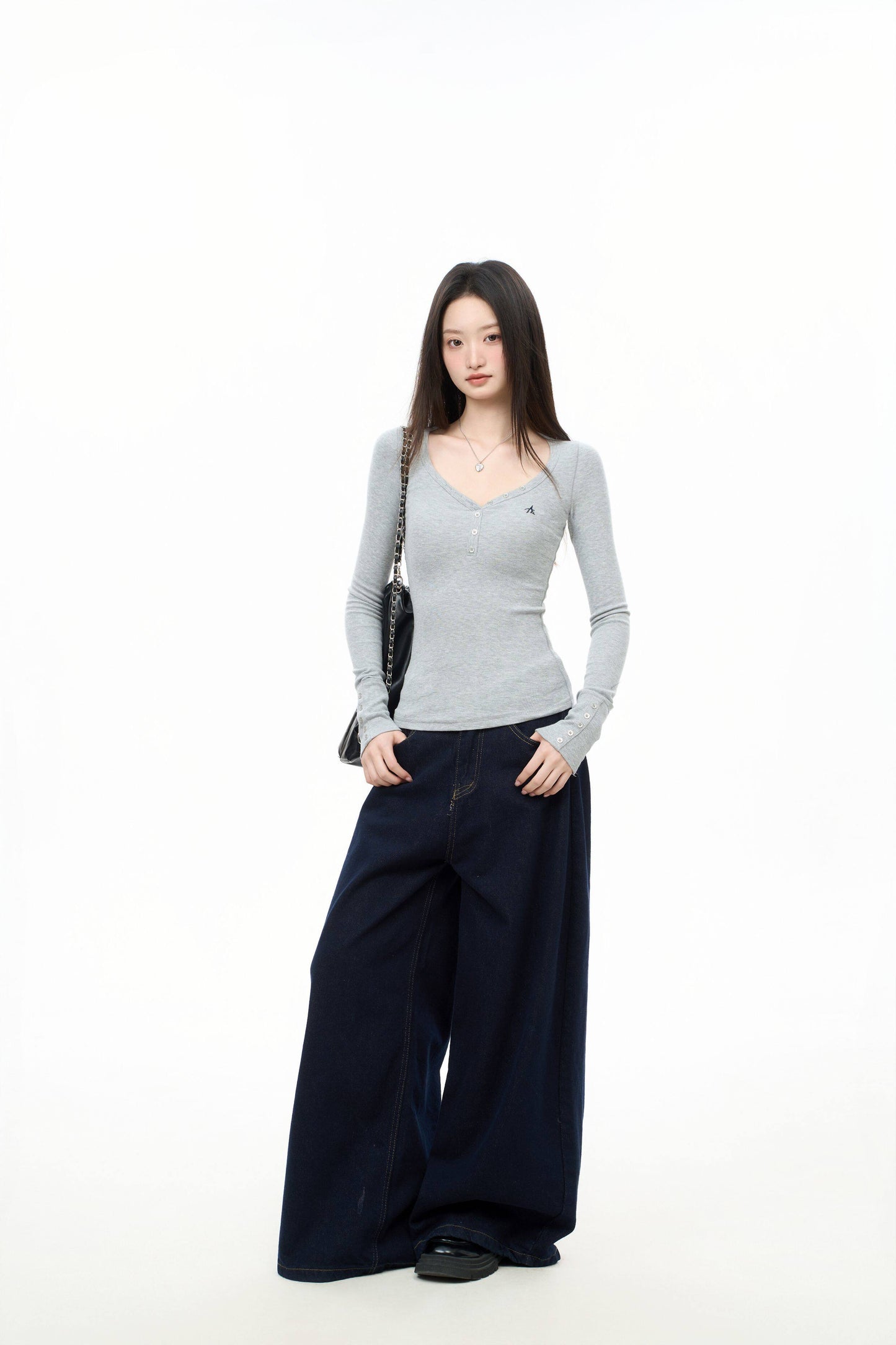Fitted Long Sleeve Henley Top with Snap Button Placket