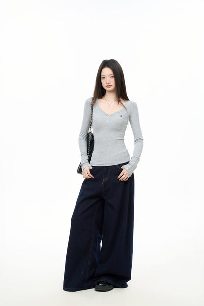 Fitted Long Sleeve Henley Top with Snap Button Placket