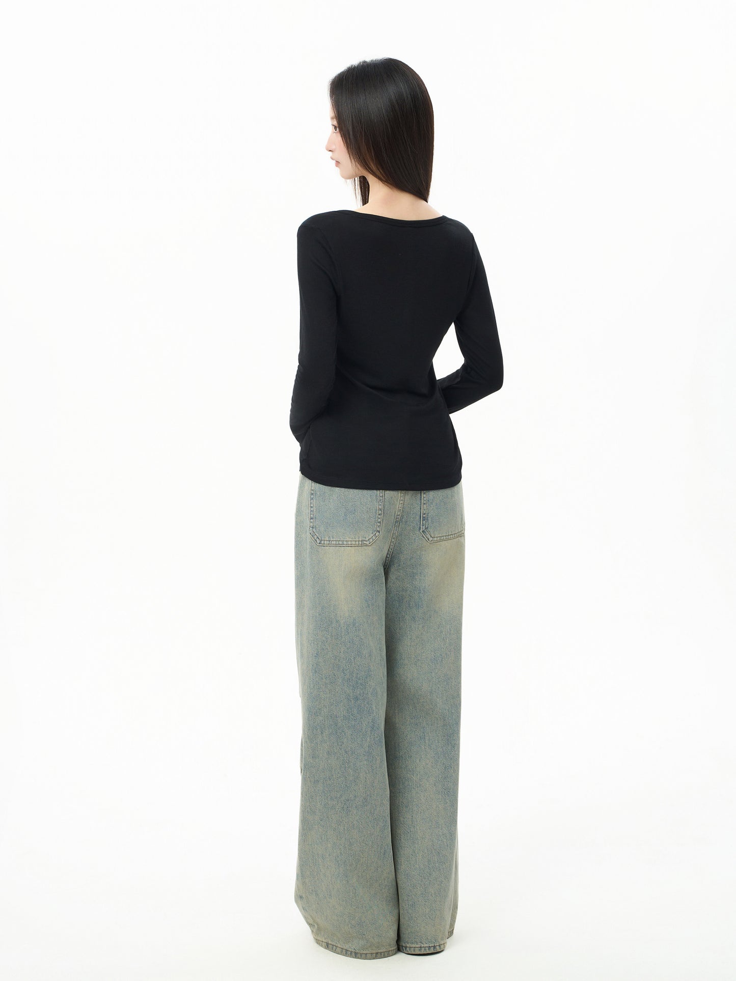 Fitted Long Sleeve Henley Top with Snap Button Placket
