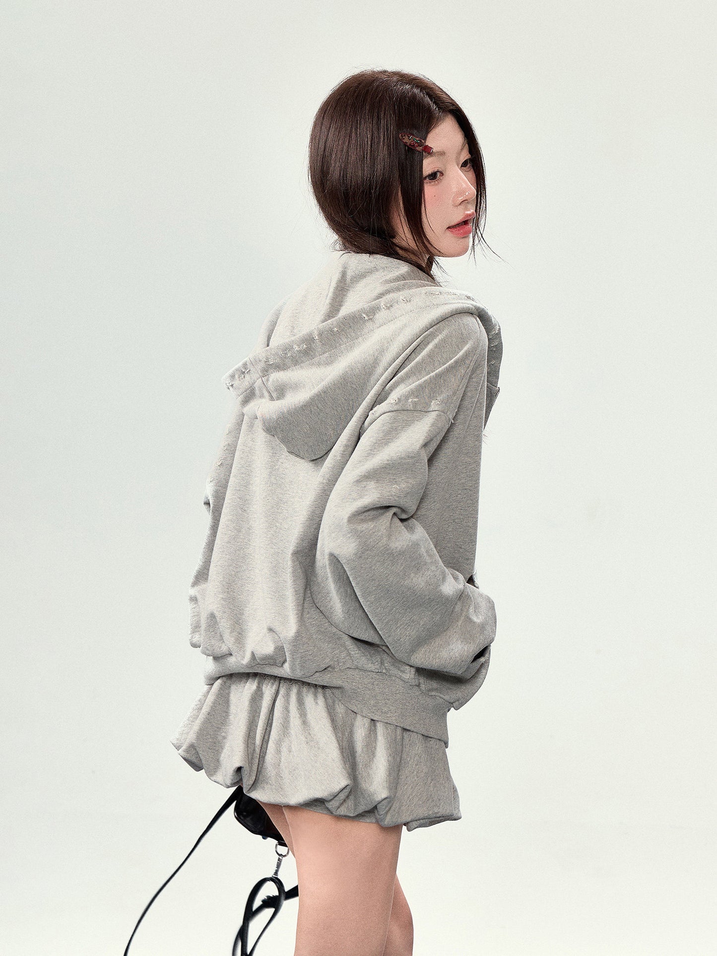 Oversized Grey Marl Zip-Up Hoodie with Kangaroo Pocket