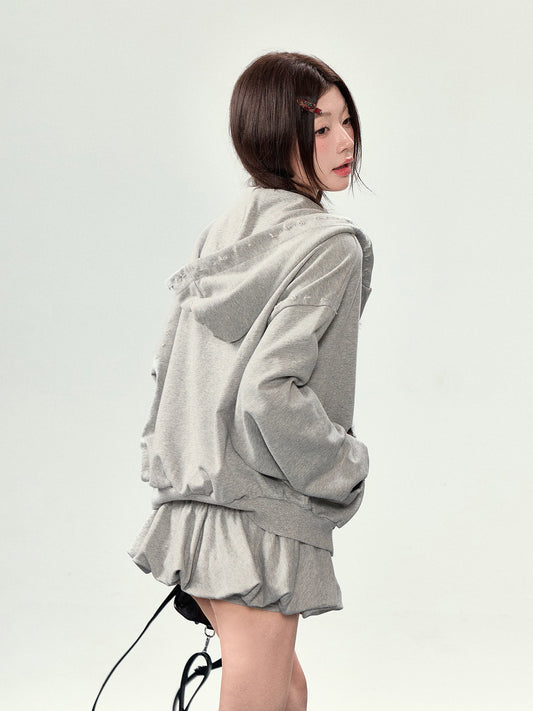 Oversized Grey Marl Zip-Up Hoodie with Kangaroo Pocket