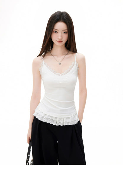 Fitted Lace Trim Tank Top with Eyelet Frill Hem