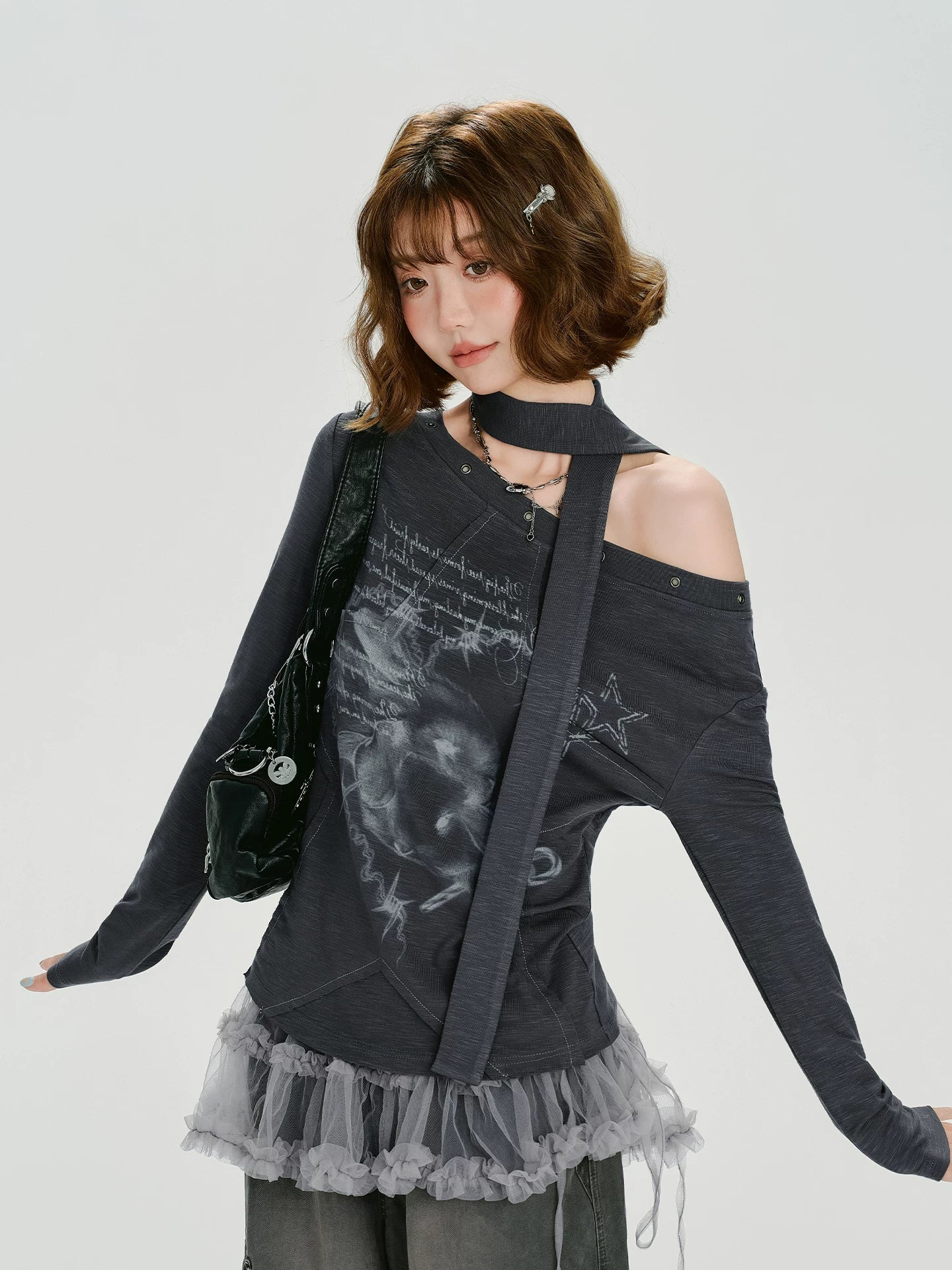 Off Shoulder Graphic Top and Shrug Set with Tulle Frill Hem
