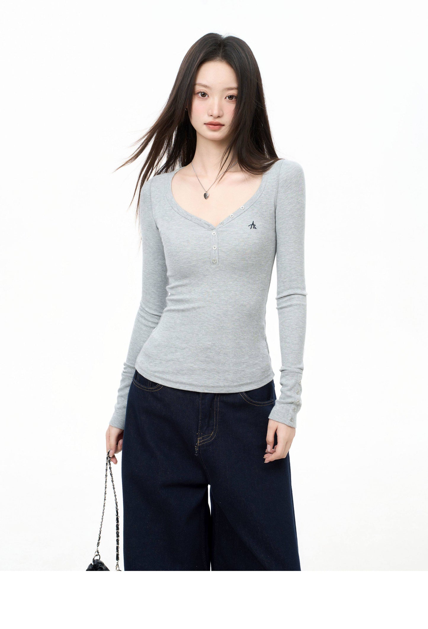 Fitted Long Sleeve Henley Top with Snap Button Placket