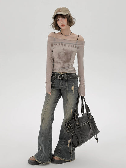 Sheer Mesh Off Shoulder Long Sleeve Top with Beige Tank Top