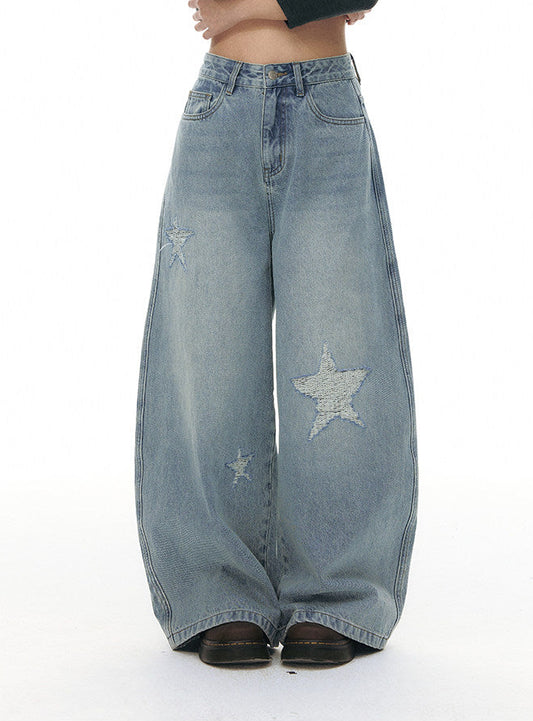 Wide Leg Jeans with Distressed Star Appliqué