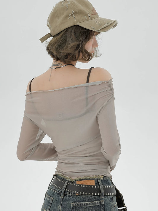 Sheer Mesh Off Shoulder Long Sleeve Top with Beige Tank Top