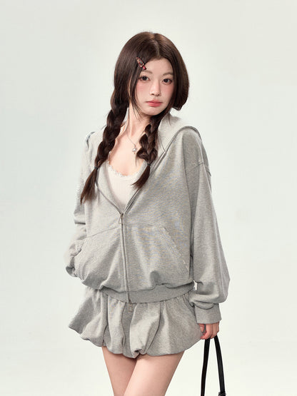 Oversized Grey Marl Zip-Up Hoodie with Kangaroo Pocket