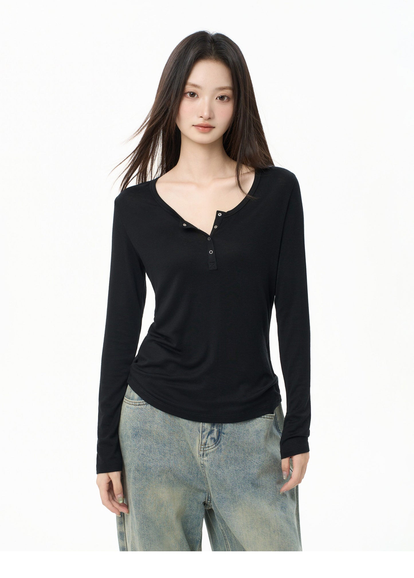 Fitted Long Sleeve Henley Top with Snap Button Placket