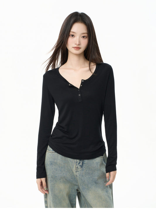 Fitted Long Sleeve Henley Top with Snap Button Placket