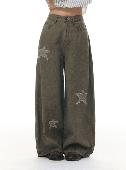 Wide Leg Jeans with Distressed Star Appliqué
