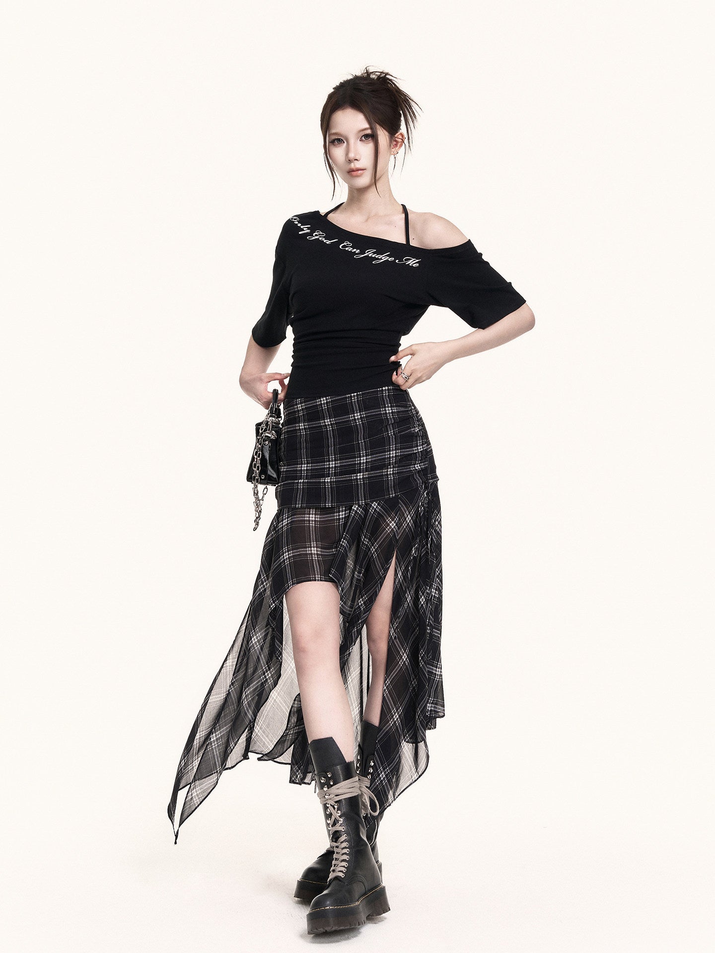 Asymmetrical Off Shoulder Top with Script Graphic